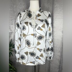 NEW VICI Satin Tassel Print V-Neck Long Sleeve Blouse Top in White Sz Small